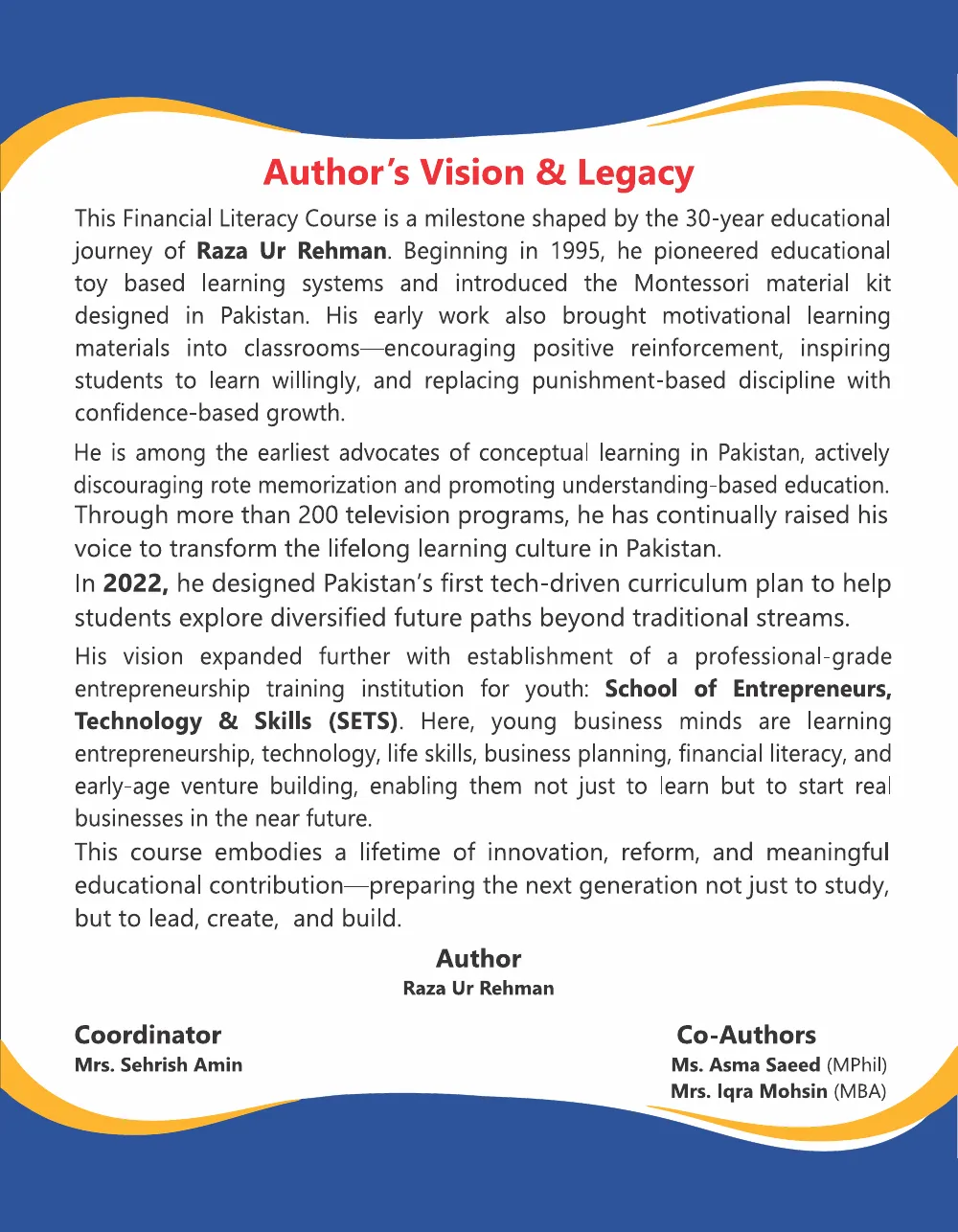Smart Financial Management · Author's vision & legacy