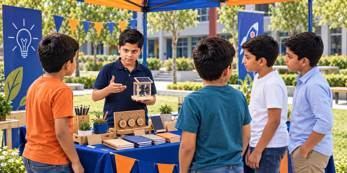 Illustration of children sharing a product idea at an outdoor student marketplace