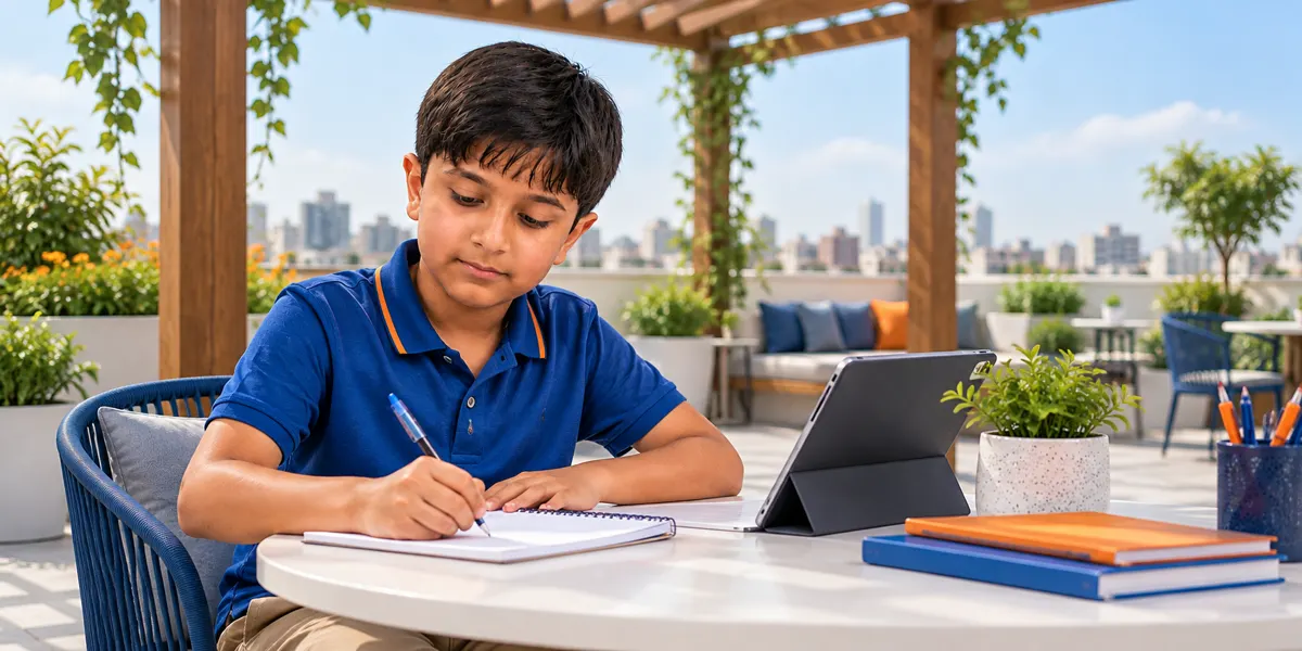Illustration of a young learner studying with a tablet on a rooftop terrace