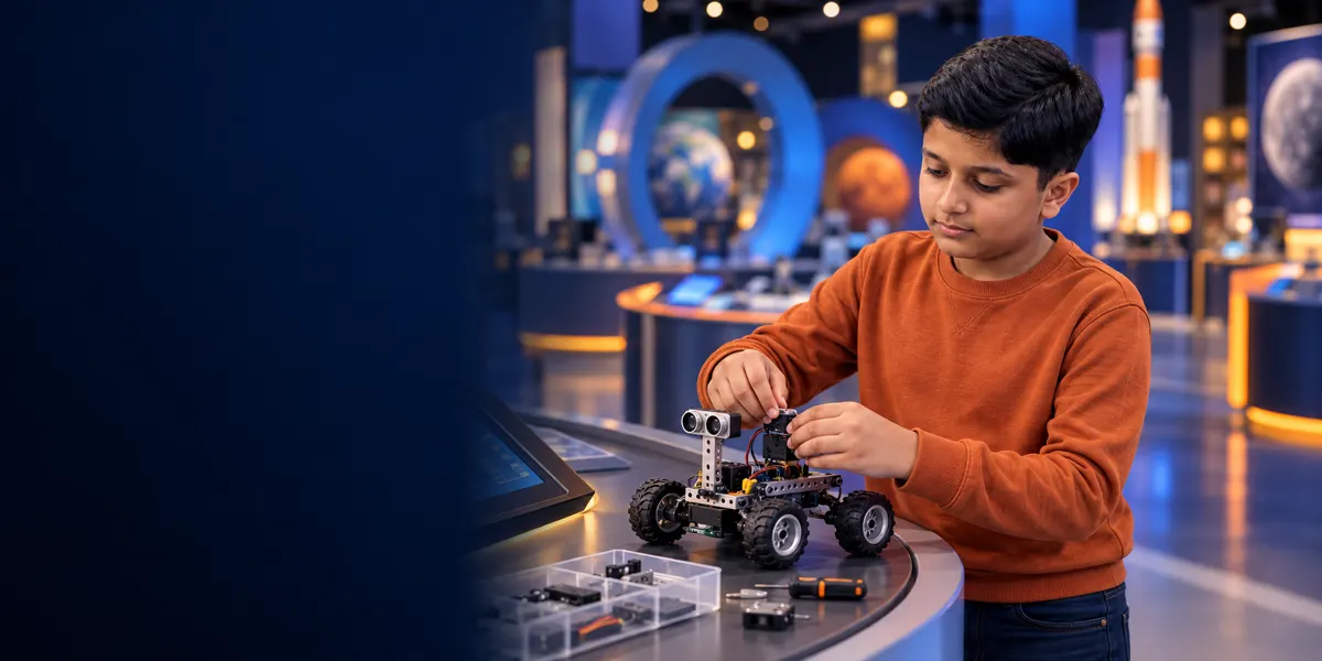 Illustration of a child building a rover in a science discovery gallery